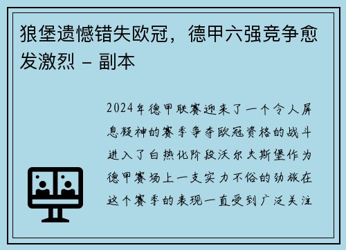 狼堡遗憾错失欧冠，德甲六强竞争愈发激烈 - 副本