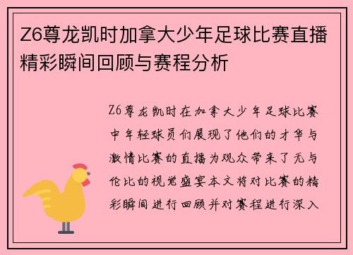 Z6尊龙凯时加拿大少年足球比赛直播精彩瞬间回顾与赛程分析