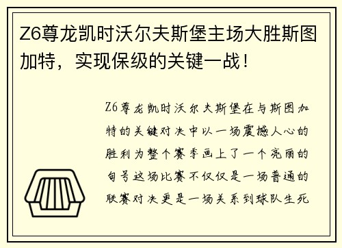 Z6尊龙凯时沃尔夫斯堡主场大胜斯图加特，实现保级的关键一战！