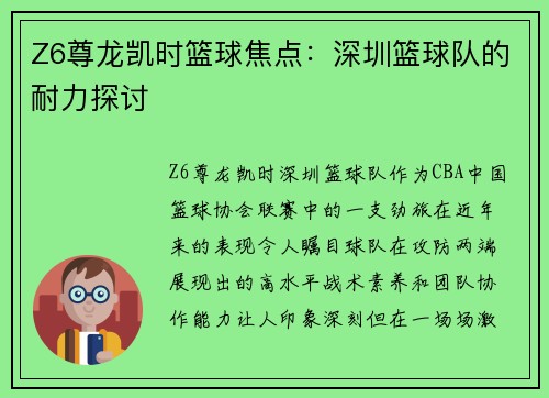 Z6尊龙凯时篮球焦点：深圳篮球队的耐力探讨