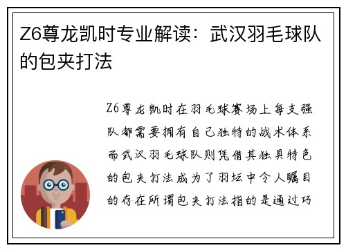 Z6尊龙凯时专业解读：武汉羽毛球队的包夹打法