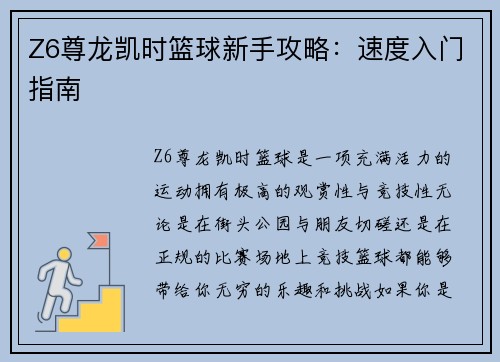 Z6尊龙凯时篮球新手攻略：速度入门指南